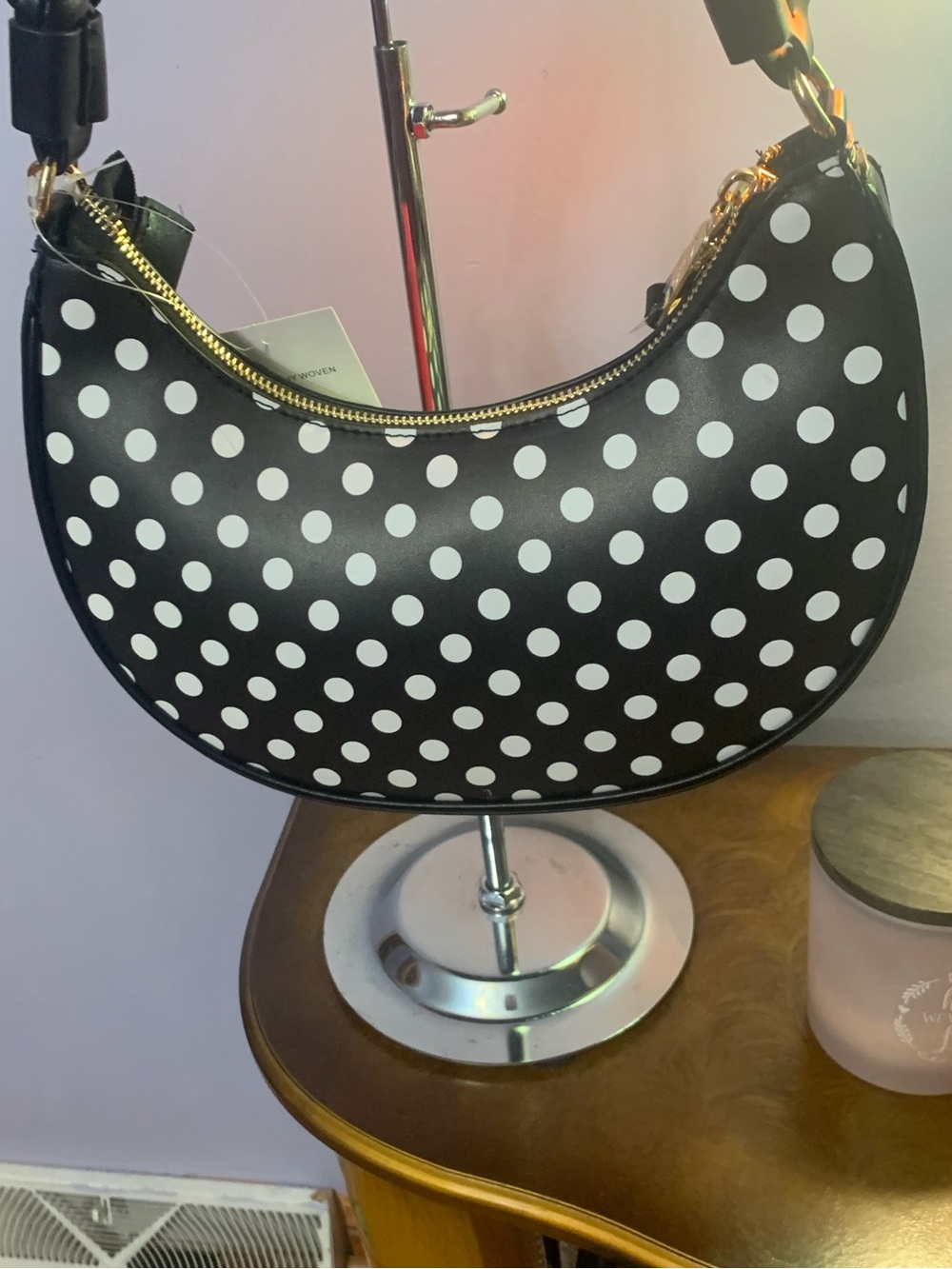 Betsey Johnson Black & White Polka Dot Crescent Satchel with Red Pom Pom - Picture 13 of 13